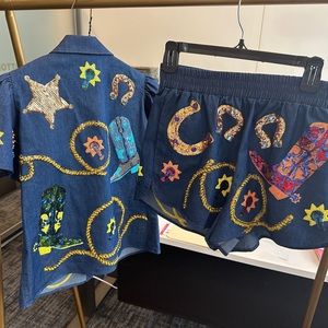 Queen of sparkles denim cowgirl shorts and matching top.